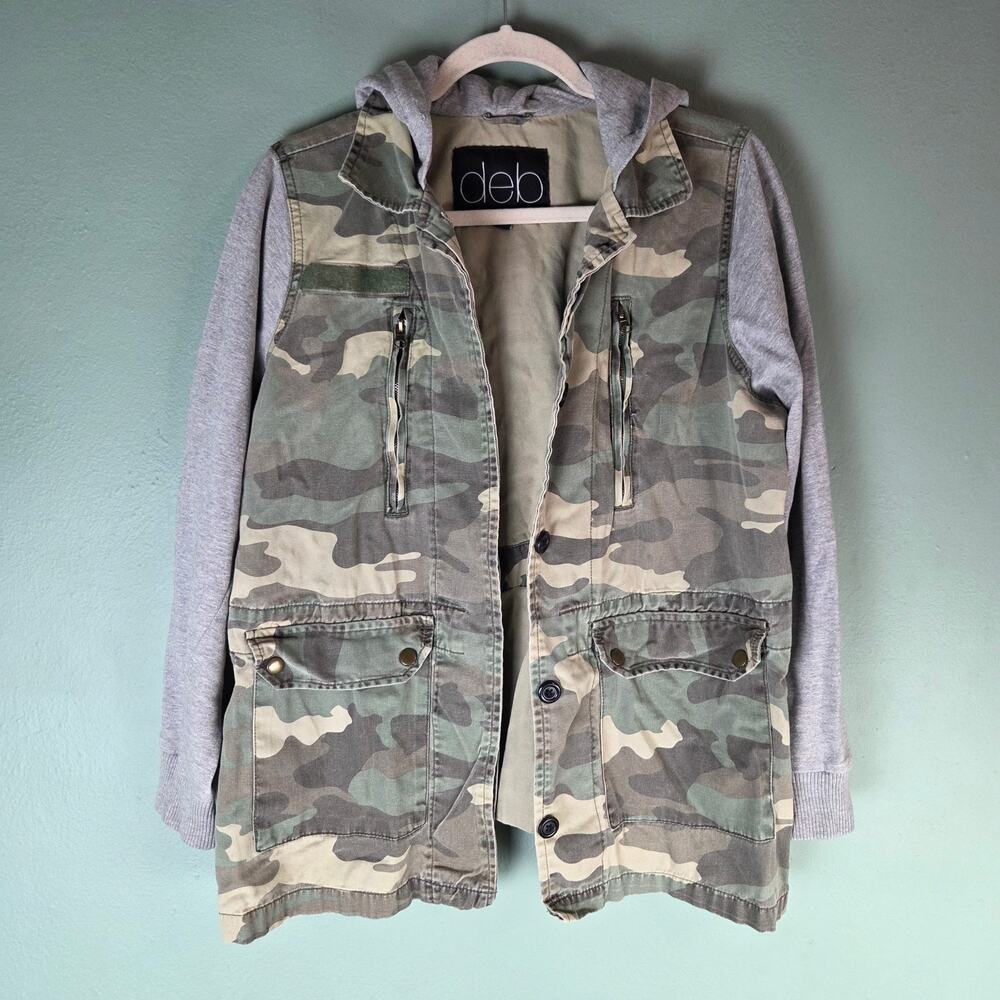Deb Green Camo Utility Jacket Womens Medium Hooded Military Cargo Y2K Grunge